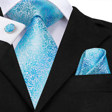 Pale Blue Floral Men's Tie Pocket Square Cufflinks Set (1916031696938)