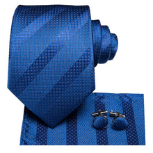 Blue Striped Men's Tie Pocket Square Cufflinks Set (1916042084394)