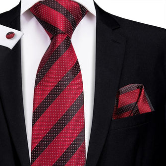 Red Black Striped Men's Tie Pocket Square Cufflinks Set (1916045852714)