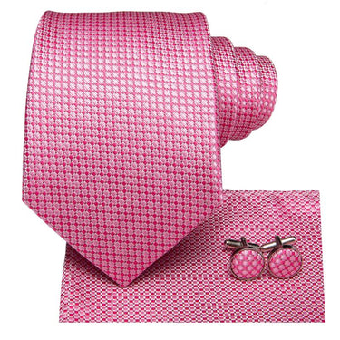 Pink Plaid Men's Tie Pocket Square Cufflinks Set (1916049522730)