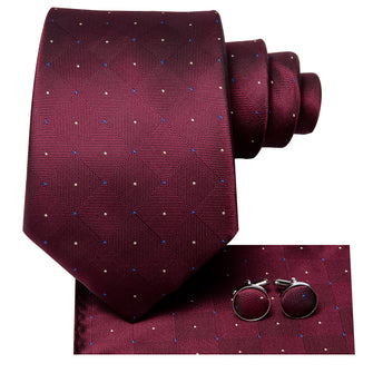 Wine Red Plaid Men's Tie Pocket Square Cufflinks Set