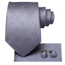 Metallic Grey Plaid Men's Tie Pocket Square Cufflinks Set (1916050931754)