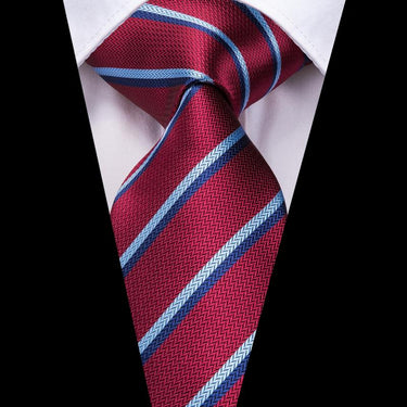 Wine Red Blue Striped Men's Tie Pocket Square Cufflinks Set (1916649865258)