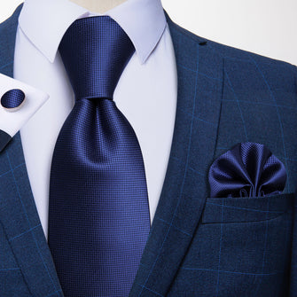 Blue Solid Tie Handkerchief Cufflinks Set 