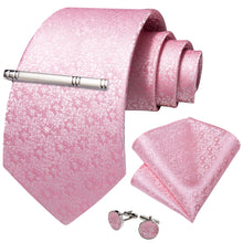 Pink Silk Solid Men's Tie Handkerchief Cufflinks Clip Set