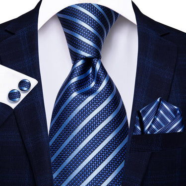 Hot Blue Striped Tie Handkerchief Cufflinks Set (450250178602)