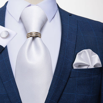 white plaid mens suit tie hanky cullinks set with tie clip