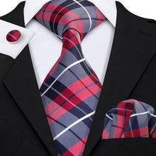 Blue Red Plaid Tie Handkerchief Cufflinks Set (575891865642)