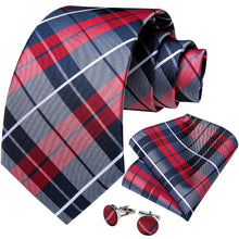 Blue Red Plaid Tie Handkerchief Cufflinks Set