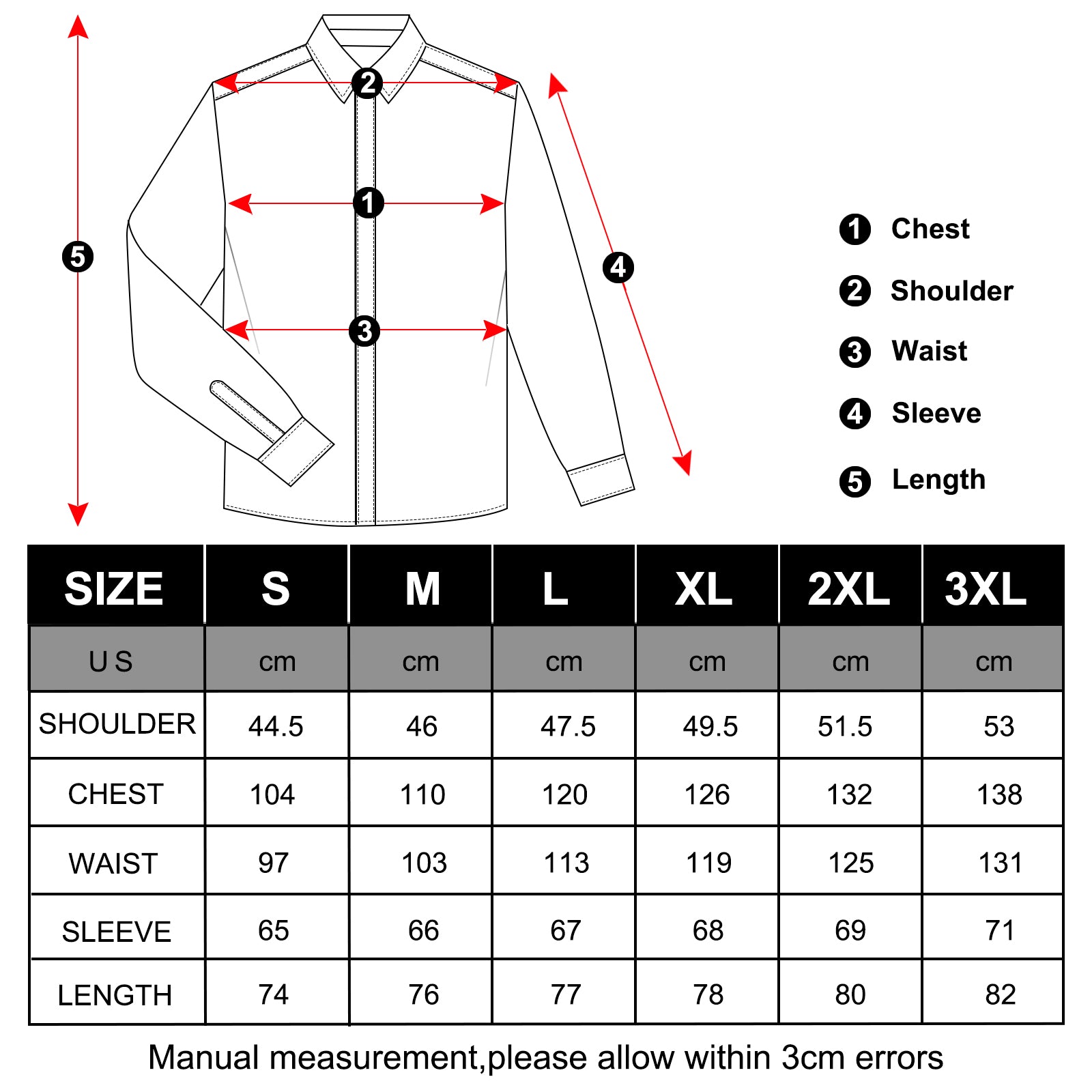 white men's dress shirt size chart