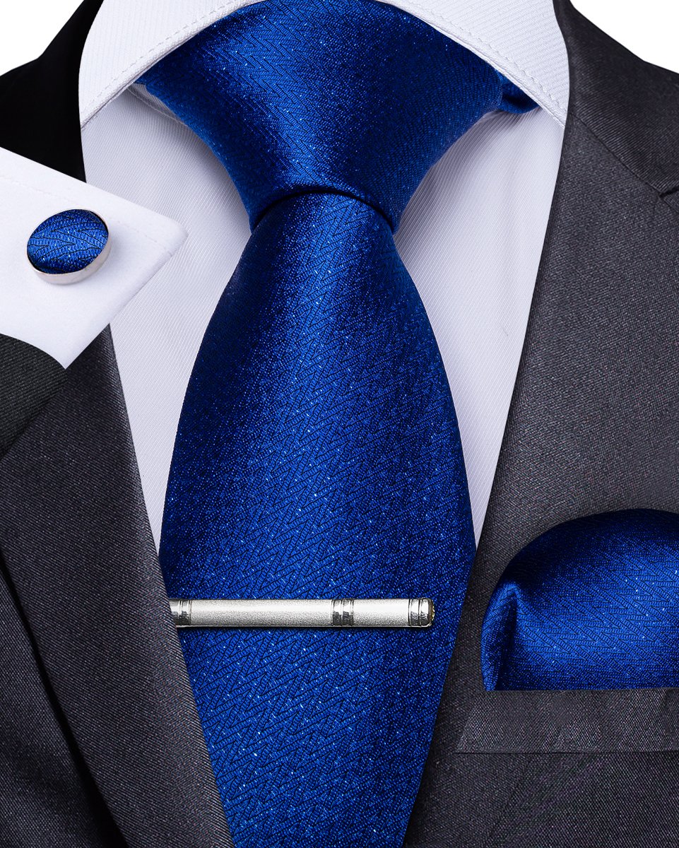 Blue Plaid Men's Tie Handkerchief Cufflinks Clip Set (4690577391697)