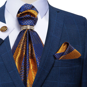 Blue Yellow Plaid Silk Cravat Woven Ascot Tie Pocket Square Cufflinks With Tie Ring Set (4667741765713)