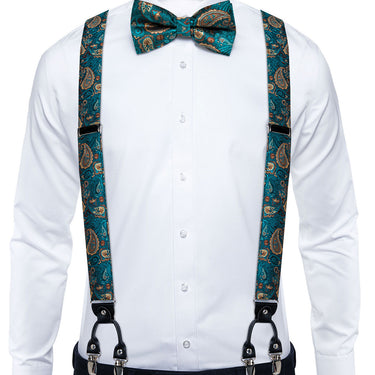 Luxury Green Brown Paisley Brace Clip-on Men's Suspender with Bow Tie Set