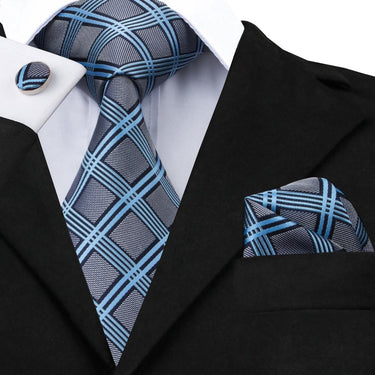 Grey Blue Plaid Tie Pocket Square Cufflinks Set (576090210346)