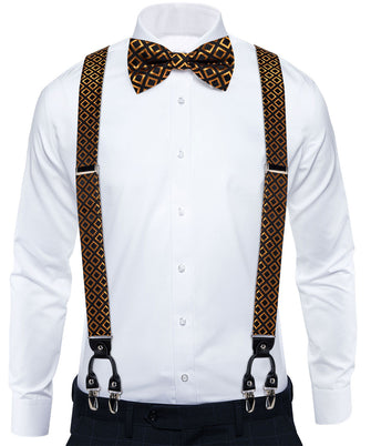 gold black mens silk bow tie set with suspenders for mens
