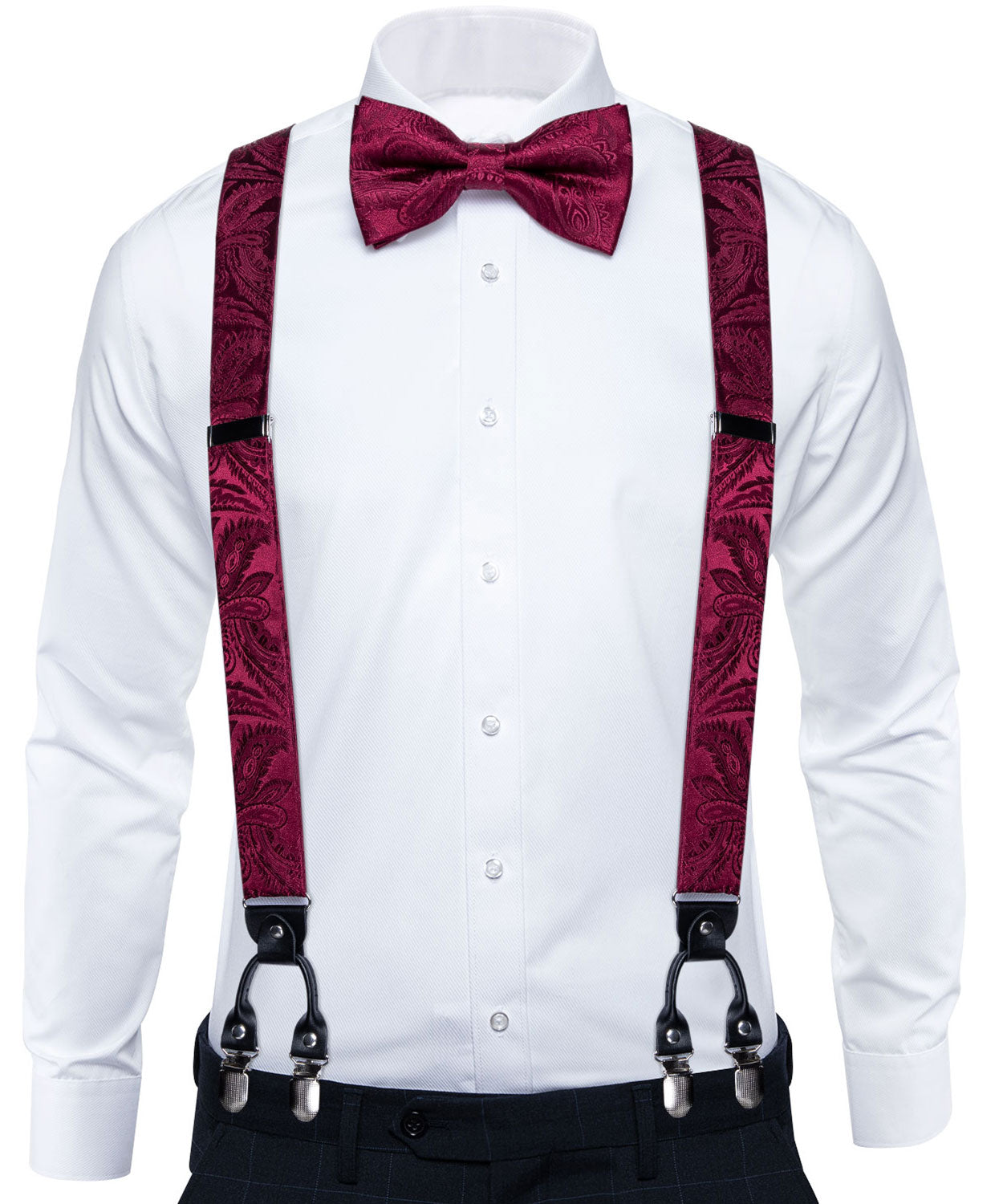Burgundy red paisley mens silk suspenders and silk bow tie pocket square cufflinks set