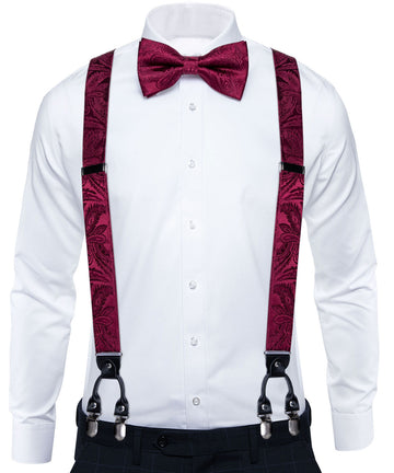 Burgundy red paisley mens silk suspenders and silk bow tie pocket square cufflinks set
