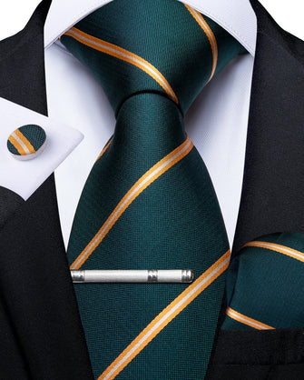 Green Yellow Striped Men's Tie Handkerchief Cufflinks Clip Set (4690586828881)