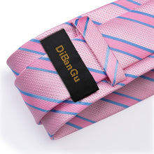 Pink Blue Striped Men's Tie Handkerchief Cufflinks Clip Set (4690567233617)