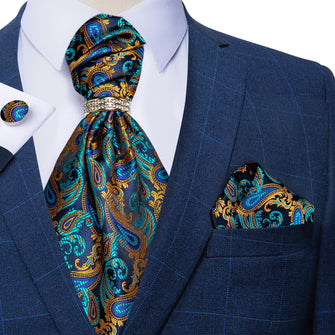 Blue Mens Suit and White Shirt with the blue brown paisley ascot silk tie set with necktie ring
