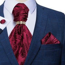 Burgundy Red Paisley Ascot Tie Mens Cravat Woven Ascot Tie handkerchief cufflinks set with ring