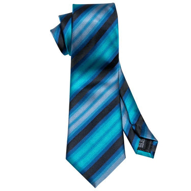 Sea Blue Black Striped Men's Tie Pocket Square Cufflinks Set (1920175669290)