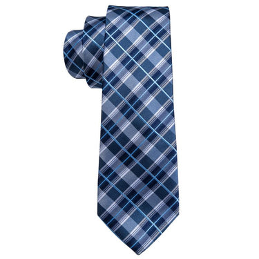 White Blue Plaid Men's Tie Pocket Square Cufflinks Set (1920299696170)