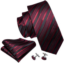 Burgundy Black Striped Silk Men's Necktie Handkerchief Cufflinks Set With GEM Lapel Pin Brooch Set
