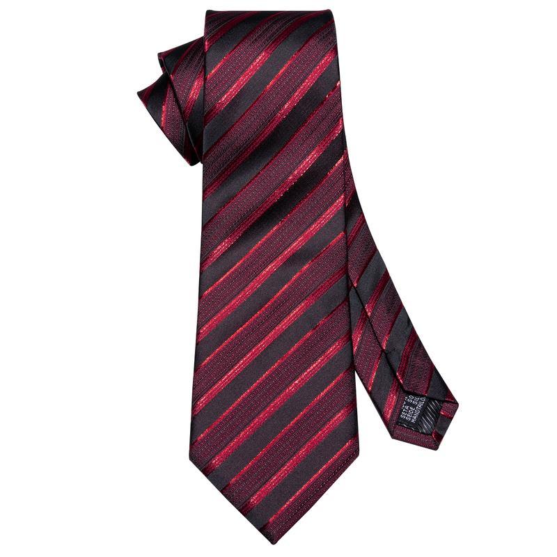 Burgundy Black Striped Silk Men's Necktie Handkerchief Cufflinks Set With GEM Lapel Pin Brooch Set
