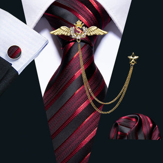 Burgundy Black Striped Tie Handkerchief Cufflinks Set With Wing Lapel Pin Set