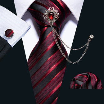 Burgundy Black Striped Silk Men's Necktie Handkerchief Cufflinks Set With GEM Lapel Pin Brooch Set