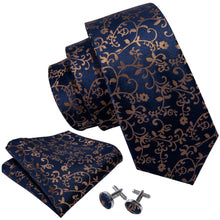 fashion navy blue brown flower neck tie pocket square cufflinks set