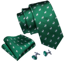 Deer Novelty Men's SIlk forrest green tie Pocket Square Cufflinks Set
