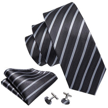 Brown White Striped Men's Tie Pocket Square Cufflinks Set (1922569273386)