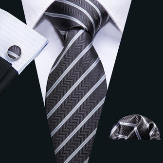 Brown White Striped Men's Tie Pocket Square Cufflinks Set (1922569273386)