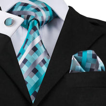 Teal Plaid Necktie Pocket Square Cufflinks Set (577769963562)