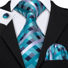 Teal Plaid Necktie Pocket Square Cufflinks Set
