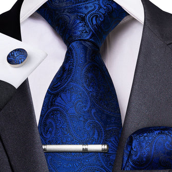 Blue Paisley Men's Tie Handkerchief Cufflinks Clip Set