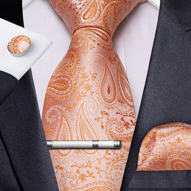 Orange Paisley Men's Tie Handkerchief Cufflinks Clip Set (4465593221201)