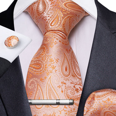 Orange Paisley Men's Tie Handkerchief Cufflinks Clip Set (4465593221201)