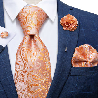 Preferred Wedding Orange Paisley Men's Necktie Handkerchief Cufflinks Set With Lapel Pin Brooch Set (4666003685457)