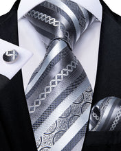 Grey Striped Necktie Handkerchief Cufflinks Set