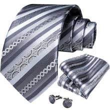 Grey Striped Necktie Handkerchief Cufflinks Set