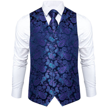 Men's Classic Blue Paisley Jacquard Silk Waistcoat Vest Handkerchief Cufflinks Tie Vest Suit Set (1929710862378)