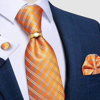 silk plaid blue and orange ties handkerchief cufflinks set for men with tie ring