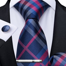 Blue Pink Plaid Men's Tie Handkerchief Cufflinks Clip Set (4465607508049)