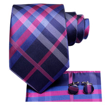 Pink Blue Plaid Tie Pocket Square Cufflinks Set (578240839722)