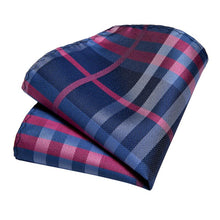 Blue Pink Plaid Men's Tie Handkerchief Cufflinks Clip Set (4465607508049)