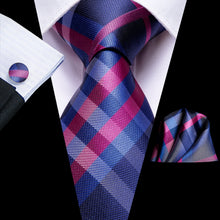 Pink Blue Plaid Tie Pocket Square Cufflinks Set (578240839722)