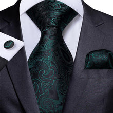 Black Green Floral  Men's Tie Handkerchief Cufflinks Set (1963459149866)